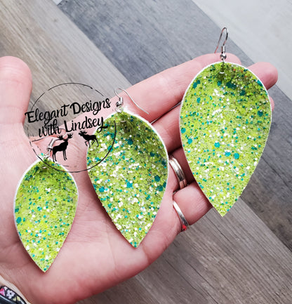 Green Glitter Pinched Faux leather earrings