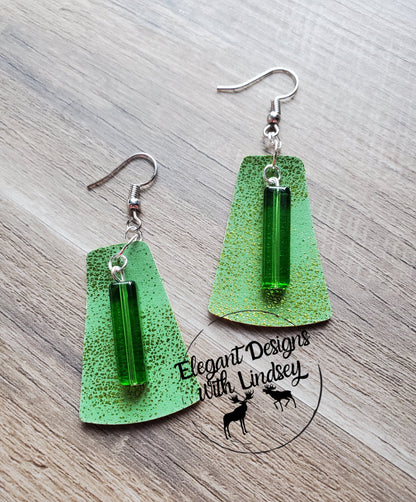 Pebble Green Small Geometric Triangle W/Glass Bead Faux Leather Earrings