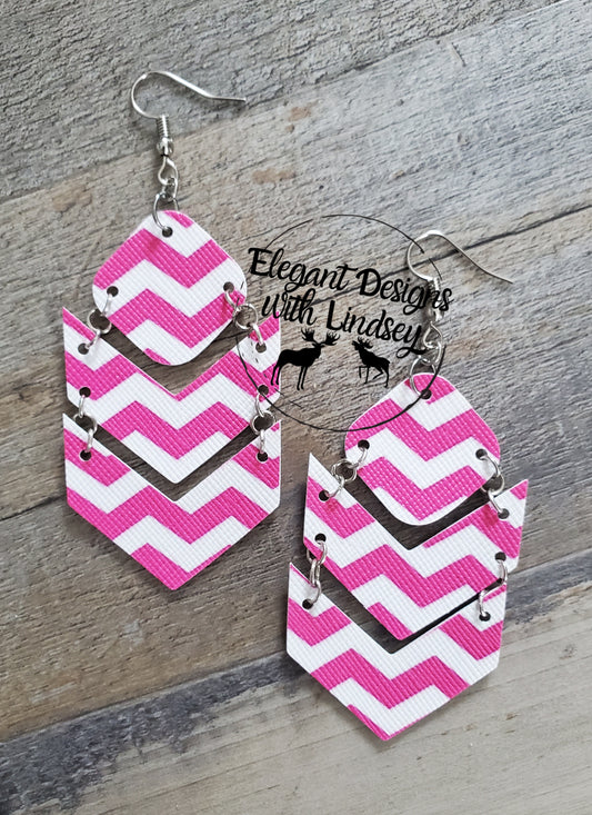 Pink Stripe Chevron Arrow Faux leather Earrings