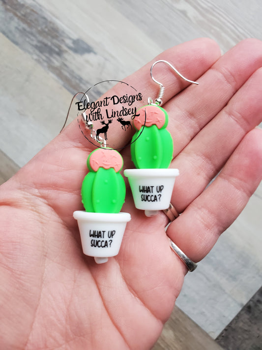 Succulent Plant & Pot Silicone Bead Earrings