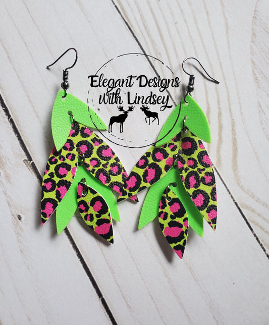 Green/Pink Cheetah Dangle Faux Leather Earrings